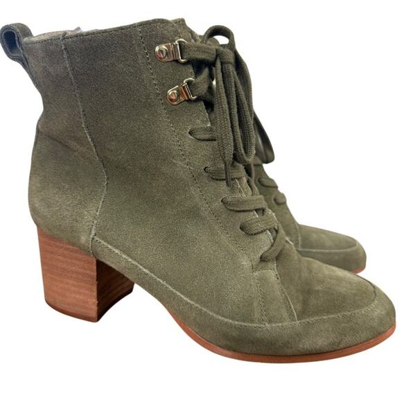 Violet & Red Suede Olive Green Jarvis Sherpa Lined Chunky Heel Booties Boots 7 M - Picture 1 of 16